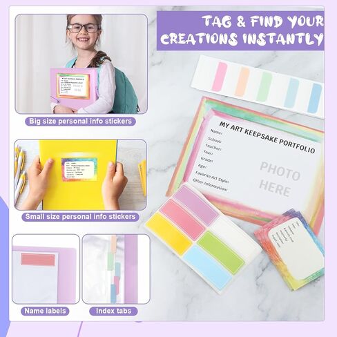 A3 Kids Art Portfolio Storage K-12 مجلد تخزين الأعمال الفنية مقاس 11 × 16 بوصة مع 40 ورقة شفافة لحماية PI وعلامة التبويب وملصقات الأسماء، مجلد محفظة فنية مع مقبض لملصق سجل القصاصات الفني التذكاري in Kuwait