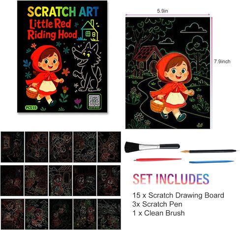 Leibster Scratch Art for Kids 15 Sheets 8x6.4 Inch Rainbow Scratch Paper Kids Return Gifts for Birthday Party（Little Red Riding Hood） in Saudi Arabia