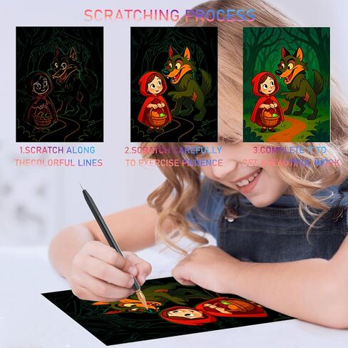 Leibster Scratch Art for Kids 15 Sheets 8x6.4 Inch Rainbow Scratch Paper Kids Return Gifts for Birthday Party（Little Red Riding Hood） in Saudi Arabia