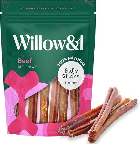 Willow & I Bully Sticks for Dogs -6 Inch Natural Bully Sticks for Medium Dogs, Small & Large- Premium 100% Grass Fed, Single Ingredient, Long Lasting, High Protein-Grain & Rawhide Free (6", 6 Pack) in Saudi Arabia