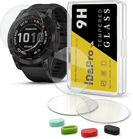 iDaPro [4 Pack] Screen Protector for Garmin Fenix 7 Pro Solar/fenix 7 Pro Solar Sapphire/Fenix 7 / fenix 7 Sapphire Solar Watch + Silicone Anti-dust Plugs Tempered Glass Anti-Scratch in Kuwait