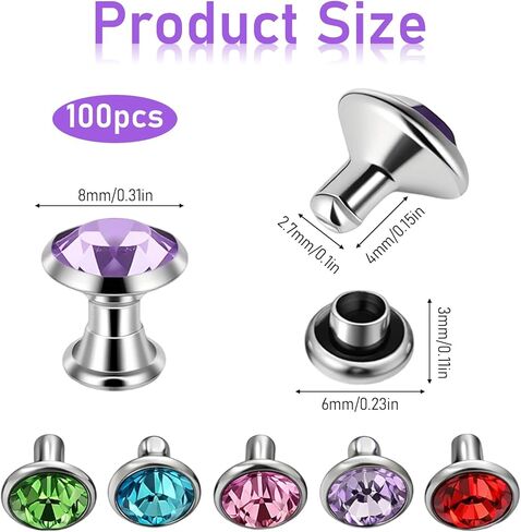 100 PCS Mixed Colors Rhinestone Rivets, 8mm Cz Crystal Rivets Double Cap Rivet for Leather Crafting with Tubular for Making Purse Clothing Shoes Leather Crafts in Kuwait