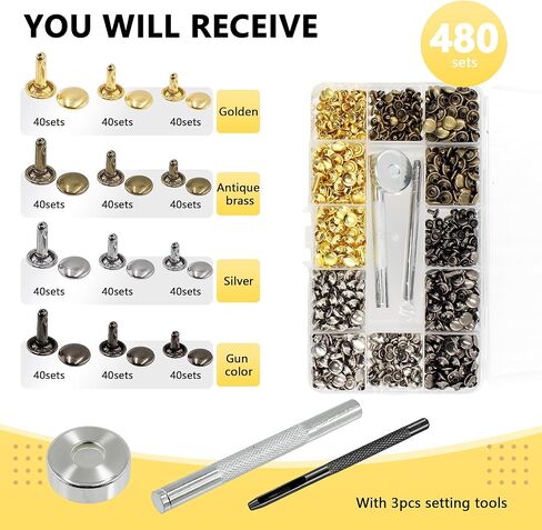 SHRJ 480 Sets Leather Rivets Tubular Double Cap Rivets 4 Colors 3 Sizes Small Metal Studs with Setting Tools for Leather Craft Clothes Shoes Decoration in Saudi Arabia