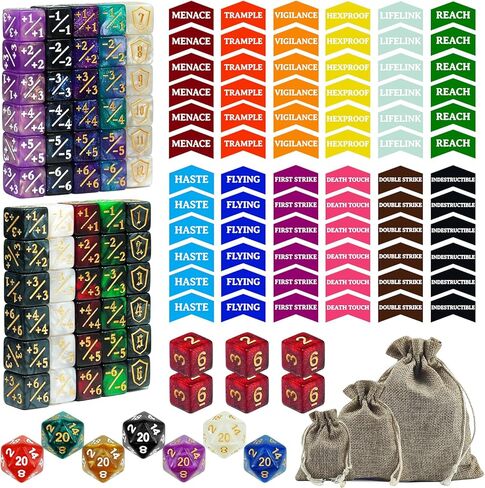 145PCS MTG Dice Set Keyword Tokens Dice Counters, +1/ –1 Counters,Shield,Tracking& D20 Life Dice, Storage Box Drawstring Bags for Magic The Gathering Cards Gaming Accessories in Kuwait