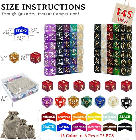 145PCS MTG Dice Set Keyword Tokens Dice Counters, +1/ –1 Counters,Shield,Tracking& D20 Life Dice, Storage Box Drawstring Bags for Magic The Gathering Cards Gaming Accessories in Kuwait