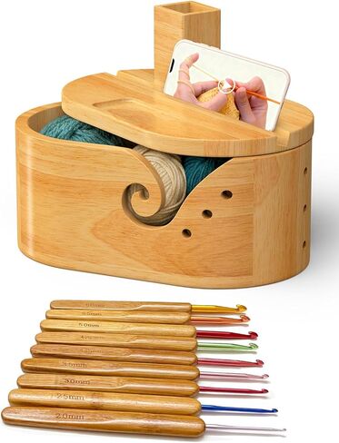 Oval Yarn Bowl Set with Lid, Crochet Yarn Holder with 9pcs Knitting Hooks, Large Wooden Yarn Storage with Phone Stand & Crochet Accessories, Double Curling Slot, Ideal Gift for Crochet Lovers in Saudi Arabia