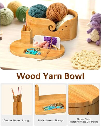 Oval Yarn Bowl Set with Lid, Crochet Yarn Holder with 9pcs Knitting Hooks, Large Wooden Yarn Storage with Phone Stand & Crochet Accessories, Double Curling Slot, Ideal Gift for Crochet Lovers in Saudi Arabia