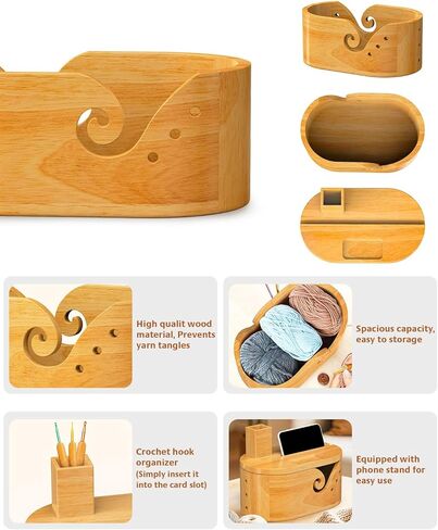 Oval Yarn Bowl Set with Lid, Crochet Yarn Holder with 9pcs Knitting Hooks, Large Wooden Yarn Storage with Phone Stand & Crochet Accessories, Double Curling Slot, Ideal Gift for Crochet Lovers in Saudi Arabia