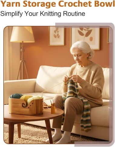 Oval Yarn Bowl Set with Lid, Crochet Yarn Holder with 9pcs Knitting Hooks, Large Wooden Yarn Storage with Phone Stand & Crochet Accessories, Double Curling Slot, Ideal Gift for Crochet Lovers in Saudi Arabia