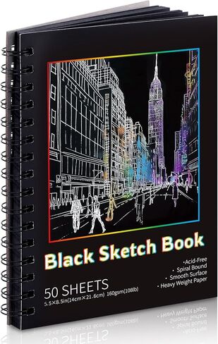 50 Sheets Black Paper Sketchbook, 108 lb/160gsm Heavyweight Black Sketch Pad 5.5×8.5in, Acid-Free Drawing Paper, Spiral Bound Sketch Book for Kids, Teens, Artist in Saudi Arabia