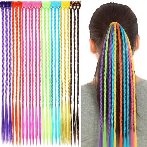 Bememo 21 Pieces Colored Braids Hair Extensions with Clip Snaps Rainbow Braided Kids Hair Extensions Hair Accessories for Children Performance Kids Girls Halloween Cosplay Party Dress up() in Kuwait