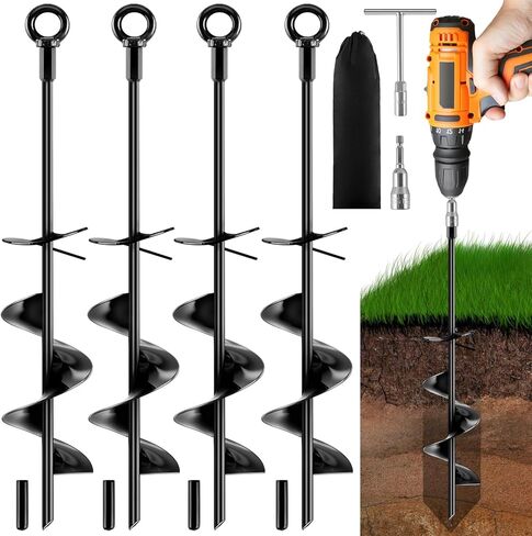 Ground Anchors Screw in Kit, 18 Inch Spiral Trampoline Anchors with Reinforced Blade, Ground Stakes High Wind Heavy Duty for Camping Tent Swing Set Carport Shed Mobile Home Dog Tie Out, 4 Pack in Saudi Arabia