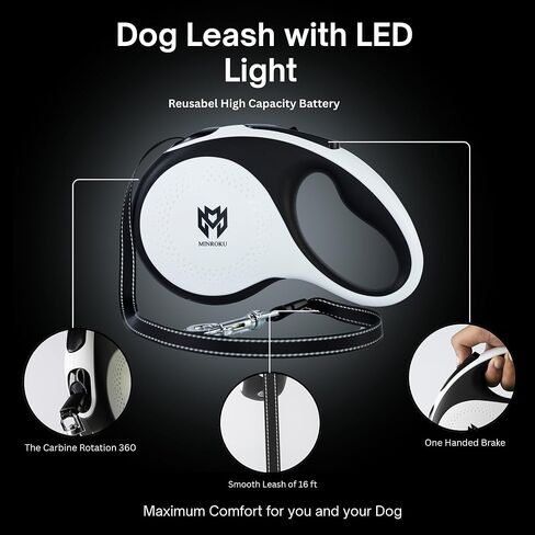 مقود كلب قابل للسحب مزود بإضاءة LED - مقود بشريط نايلون شديد التحمل بزاوية 360 درجة وخالي من التشابك بطول 16 قدمًا | نظام الفرامل والإيقاف المؤقت والقفل بيد واحدة | كلاب متوسطة (أبيض) in Kuwait