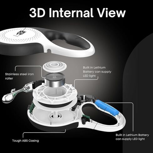 مقود كلب قابل للسحب مزود بإضاءة LED - مقود بشريط نايلون شديد التحمل بزاوية 360 درجة وخالي من التشابك بطول 16 قدمًا | نظام الفرامل والإيقاف المؤقت والقفل بيد واحدة | كلاب متوسطة (أبيض) in Kuwait