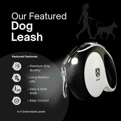 مقود كلب قابل للسحب مزود بإضاءة LED - مقود بشريط نايلون شديد التحمل بزاوية 360 درجة وخالي من التشابك بطول 16 قدمًا | نظام الفرامل والإيقاف المؤقت والقفل بيد واحدة | كلاب متوسطة (أبيض) in Kuwait