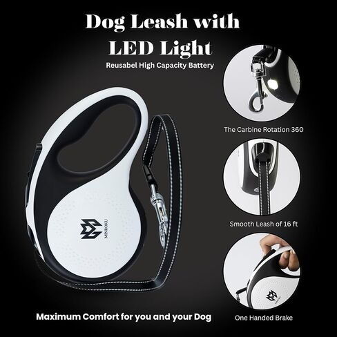 مقود كلب قابل للسحب مزود بإضاءة LED - مقود بشريط نايلون شديد التحمل بزاوية 360 درجة وخالي من التشابك بطول 16 قدمًا | نظام الفرامل والإيقاف المؤقت والقفل بيد واحدة | كلاب متوسطة (أبيض) in Kuwait