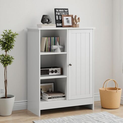 Storage Cabinet with Adjustable Shelves, Freestanding 23.62" Bathroom & Kitchen Floor Cabinet with 1 Door & 3 Open Compartments, Multi-Purpose Organizer for Entryway, Office White (Style-2) in Saudi Arabia