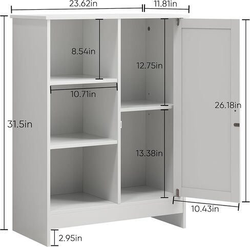 Storage Cabinet with Adjustable Shelves, Freestanding 23.62" Bathroom & Kitchen Floor Cabinet with 1 Door & 3 Open Compartments, Multi-Purpose Organizer for Entryway, Office White (Style-2) in Saudi Arabia