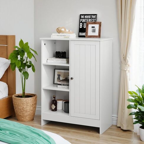 Storage Cabinet with Adjustable Shelves, Freestanding 23.62" Bathroom & Kitchen Floor Cabinet with 1 Door & 3 Open Compartments, Multi-Purpose Organizer for Entryway, Office White (Style-2) in Saudi Arabia