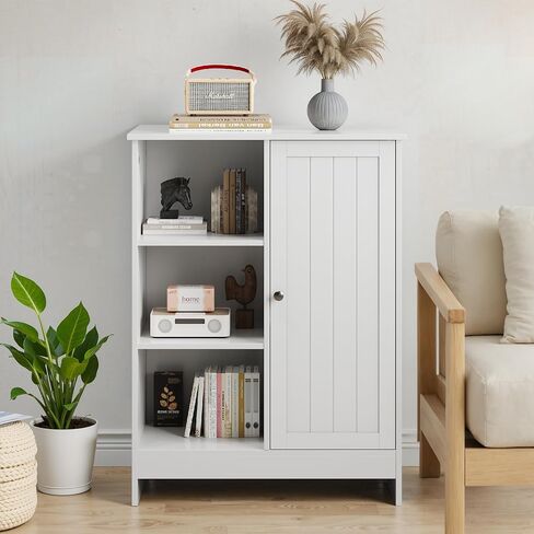 Storage Cabinet with Adjustable Shelves, Freestanding 23.62" Bathroom & Kitchen Floor Cabinet with 1 Door & 3 Open Compartments, Multi-Purpose Organizer for Entryway, Office White (Style-2) in Saudi Arabia