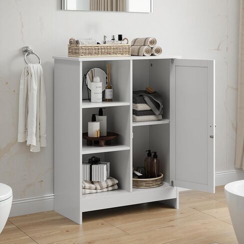 Storage Cabinet with Adjustable Shelves, Freestanding 23.62" Bathroom & Kitchen Floor Cabinet with 1 Door & 3 Open Compartments, Multi-Purpose Organizer for Entryway, Office White (Style-2) in Saudi Arabia