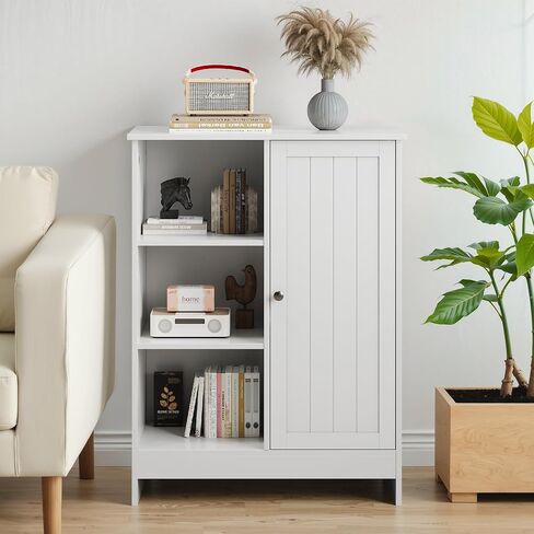 Storage Cabinet with Adjustable Shelves, Freestanding 23.62" Bathroom & Kitchen Floor Cabinet with 1 Door & 3 Open Compartments, Multi-Purpose Organizer for Entryway, Office White (Style-2) in Saudi Arabia