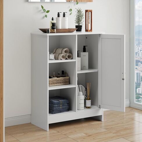 Storage Cabinet with Adjustable Shelves, Freestanding 23.62" Bathroom & Kitchen Floor Cabinet with 1 Door & 3 Open Compartments, Multi-Purpose Organizer for Entryway, Office White (Style-2) in Saudi Arabia