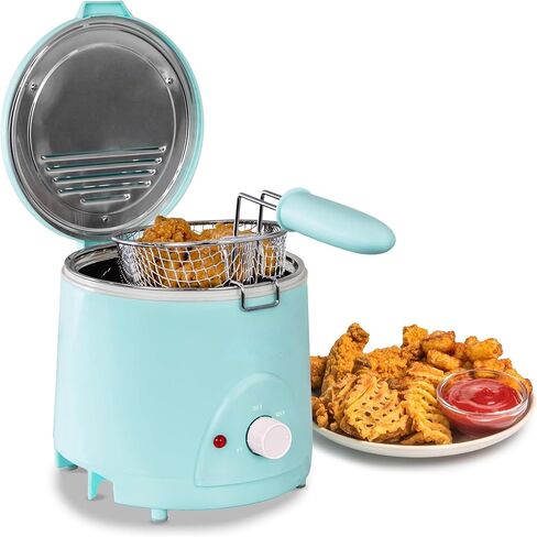 NEW 1.5-QUART DEEP FRYER, BLUE,120°F TO 400°F HEAT, SPACE-SAVING DESIGN, COOK OTHER MEATS, FISH, VEGGIES, CAKES, FRUITS, AND SO MUCH MORE, COOK YOUR FAVORITE DEEP-FRIED FOODS QUICKLY AND EFFICIENTLY. in Saudi Arabia