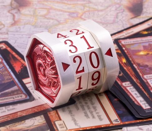 Metal MTG Life Counter Wheel Metal Magic Life Counter MTG Health Tracker MTGs Foundations with Dragon Symbol for Board Games, Cards Games, TTRPGs, Compatible with MTGs(Pearl Silver_Red) in Saudi Arabia