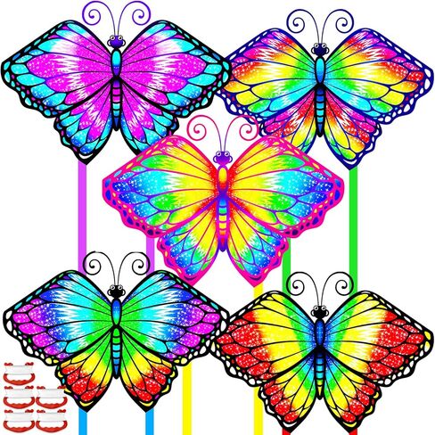5 طائرات ورقية على شكل فراشة للأطفال والكبار، طائرة ورقية على شكل فراشة ملونة للأطفال الذين تتراوح أعمارهم بين 4-8 و8-12 عامًا، سهلة التجميع والطيران لألعاب الشاطئ الخارجية والمبتدئين in Kuwait
