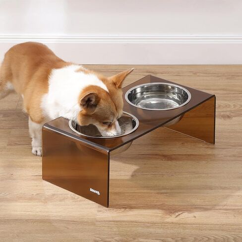 متجر LICKER Store DBL2001D Keaton مقاس 7.5 بوصة، جهاز تغذية الحيوانات الأليفة مستطيل الشكل مرتفع من الأكريليك الحديث متوسط/كبير مع أوعية من الفولاذ المقاوم للصدأ سعة 54 أونصة، كهرمان/كروم in Kuwait