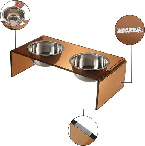 متجر LICKER Store DBL2001D Keaton مقاس 7.5 بوصة، جهاز تغذية الحيوانات الأليفة مستطيل الشكل مرتفع من الأكريليك الحديث متوسط/كبير مع أوعية من الفولاذ المقاوم للصدأ سعة 54 أونصة، كهرمان/كروم in Kuwait