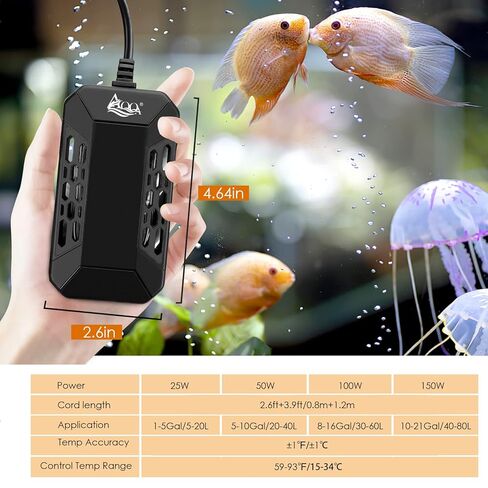 AQQA Aquarium Submersible Heater for Fish Tank,HD Temperature Display and Built-in Thermometer,External Controller Temperature Control Range 59℉-93℉,Safety Control Protects 150W in Saudi Arabia