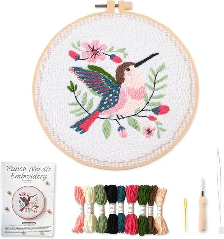 مجموعة تطريز Myfelicity Punch Needle، مجموعة حرفية للمبتدئين مع تصميم نمط حيواني، طوق مقاس 7.9 بوصة (طائر طنان) in Kuwait