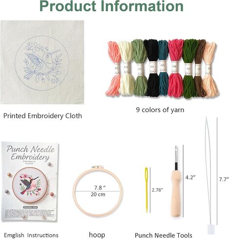 مجموعة تطريز Myfelicity Punch Needle، مجموعة حرفية للمبتدئين مع تصميم نمط حيواني، طوق مقاس 7.9 بوصة (طائر طنان) in Kuwait