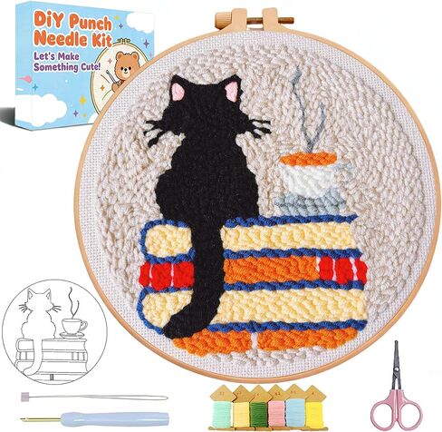 Black Cat Punch Needle kit,Punch Needle Kits for Beginners Adults,DIY Crafts for Girls 8-12 Book Punch Needles Kits, Art and Craft for Women Home Decor Embroidery Hoop 7.87x7.87inch in Saudi Arabia