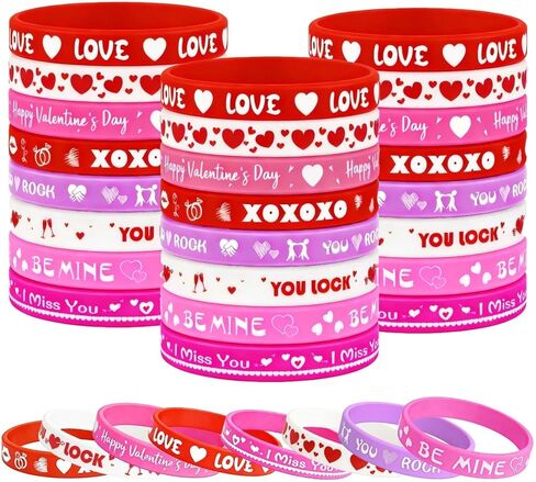 32PCS Valentine's Day Rubber Bracelets Bulk - Valentines Day Gifts for Kids Valentines Party Favors Supplies Silicone Wristbands Goodie Treats Classroom Prizes Accessories Decorations in Saudi Arabia