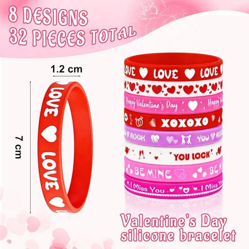 32PCS Valentine's Day Rubber Bracelets Bulk - Valentines Day Gifts for Kids Valentines Party Favors Supplies Silicone Wristbands Goodie Treats Classroom Prizes Accessories Decorations in Saudi Arabia