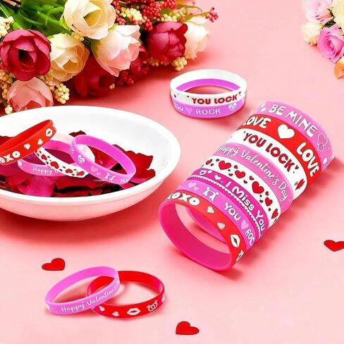32PCS Valentine's Day Rubber Bracelets Bulk - Valentines Day Gifts for Kids Valentines Party Favors Supplies Silicone Wristbands Goodie Treats Classroom Prizes Accessories Decorations in Saudi Arabia
