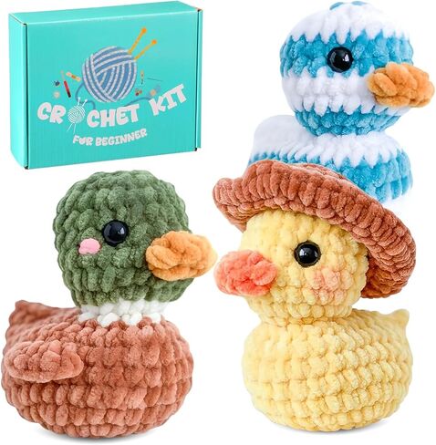 XunYee 3 قطع مجموعة البط الصغيرة الكروشيه DIY مجموعة Amigurumi مجموعة غزل الشنيل الكروشيه للمبتدئين مع أدوات كاملة نمط خطوة بخطوة هدية حرفية للبالغين in Saudi Arabia
