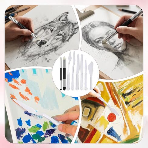 Dplolng 6 Pcs Artist Blending Sponge Pen Dual Tip Oil Pastel Blending Tools Washable Sketch Rubbing Sponge Brush with 6 Plastic Paint Spatula Reusable Blendings Stumps for Drawing Lightening Highlight in Kuwait