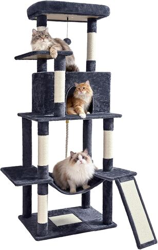 برج القطط من Cat Craft مقاس 63 بوصة للقطط الداخلية، شجرة قطط متعددة المستويات للقطط الكبيرة بوزن 20 رطلًا + برج قطط شديد التحمل مع أعمدة خدش السيزال، أرجوحة، شقة ومنصة ممتدة، رمادي داكن in Kuwait