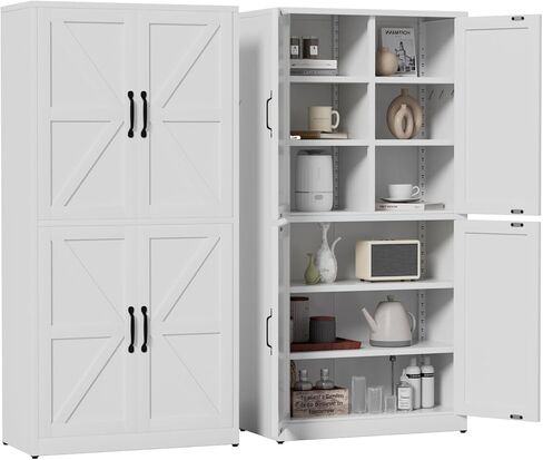 White Steel Kitchen Pantry Storage Cabinet with Adjustable Shelves, Heavy-Duty Country Cabinet for Kitchens, bathrooms and Living Rooms in Saudi Arabia
