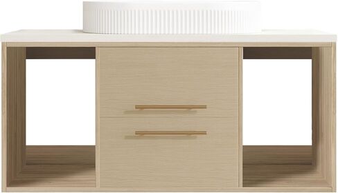 Modern 39.3 Wall-Mounted Bathroom Vanity with Oval Ceramic Sink Floating Vanity Multi-Layer Solid Wood Cabinet Soft-Close Drawers Open Shelf Storage in Saudi Arabia