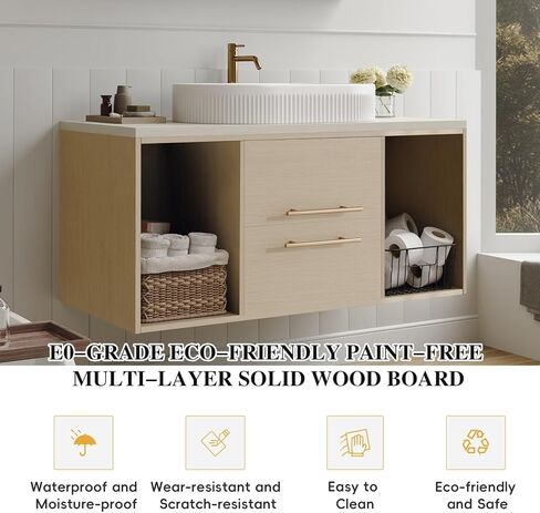 Modern 39.3 Wall-Mounted Bathroom Vanity with Oval Ceramic Sink Floating Vanity Multi-Layer Solid Wood Cabinet Soft-Close Drawers Open Shelf Storage in Saudi Arabia