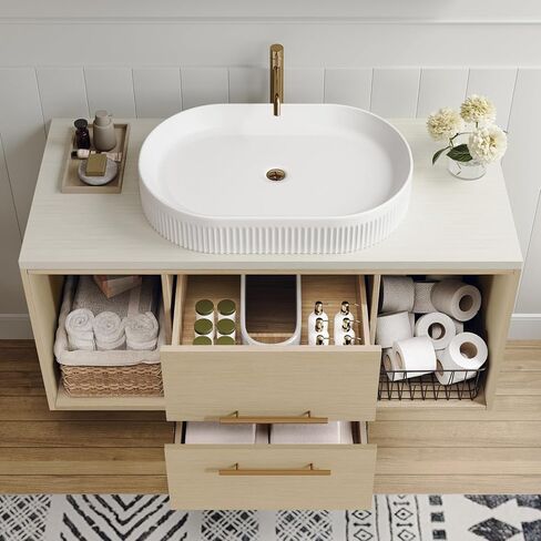 Modern 39.3 Wall-Mounted Bathroom Vanity with Oval Ceramic Sink Floating Vanity Multi-Layer Solid Wood Cabinet Soft-Close Drawers Open Shelf Storage in Saudi Arabia