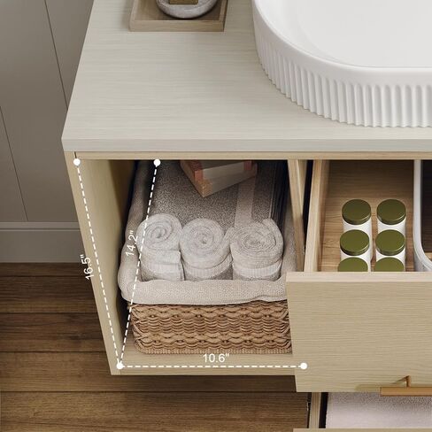 Modern 39.3 Wall-Mounted Bathroom Vanity with Oval Ceramic Sink Floating Vanity Multi-Layer Solid Wood Cabinet Soft-Close Drawers Open Shelf Storage in Saudi Arabia