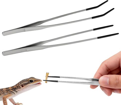 2PCS Reptile Feeding Tongs,10.6" Extra Long Stainless Steel Tweezers with Rubber Tips, Bearded Dragon Lizards Aquarium Straight and Curved Long Tweezers for Snake Feeding, Terrarium, Aquarium(Silver) in Saudi Arabia