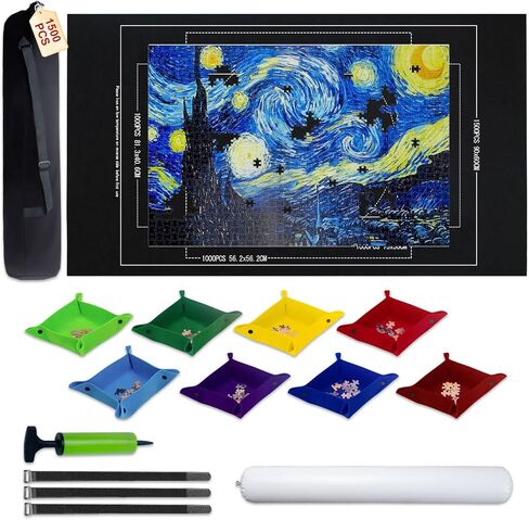 Large Puzzle Roll Up Mat with 8 Sorting Trays & Air Pump System, 46x26 Inch Portable Puzzle Storage Mat for 500 to 1500 Piece Puzzles, Includes Storage Bag in Saudi Arabia