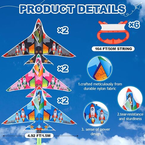 6 Pieces Airplane Kites 5ft Large Single Line Beach Kite, It Comes with 164 ft String Handle Ids Easy to Fly Kids Outdoor Game Activities Toy in Saudi Arabia